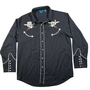 Benny's Shirt Mens Large Black Skulls Guns & Roses Rockabilly Pearl Snap Western